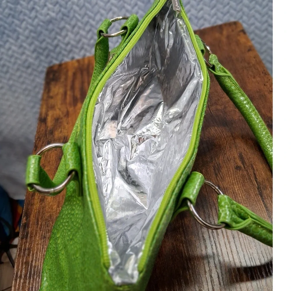 Primeware Lime Green Insulated Wine Bag Faux Crocodile Thermal Lunch Tote